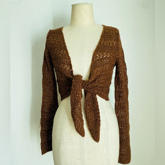 Tie-Front Sweater-Knit Bolero Top Y2K 90s Brown Metallic - Picture 10 of 11